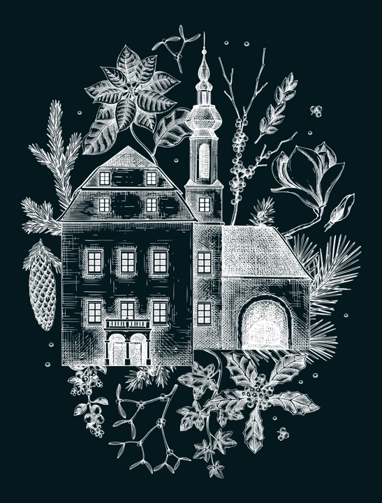 Christmas card design. Architecture sketch. Vintage mansoin house, old castle drawing on chalkboard. Hand-drawn botanical illustration.NOT AI generated